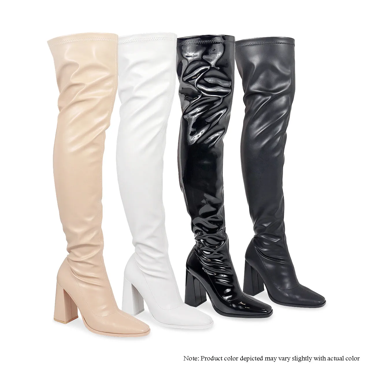 ALEX-3 SUBTLE SQUARE TOE MID CHUNKY HEEL THIGH HIGH BOOTS-WHITE PU