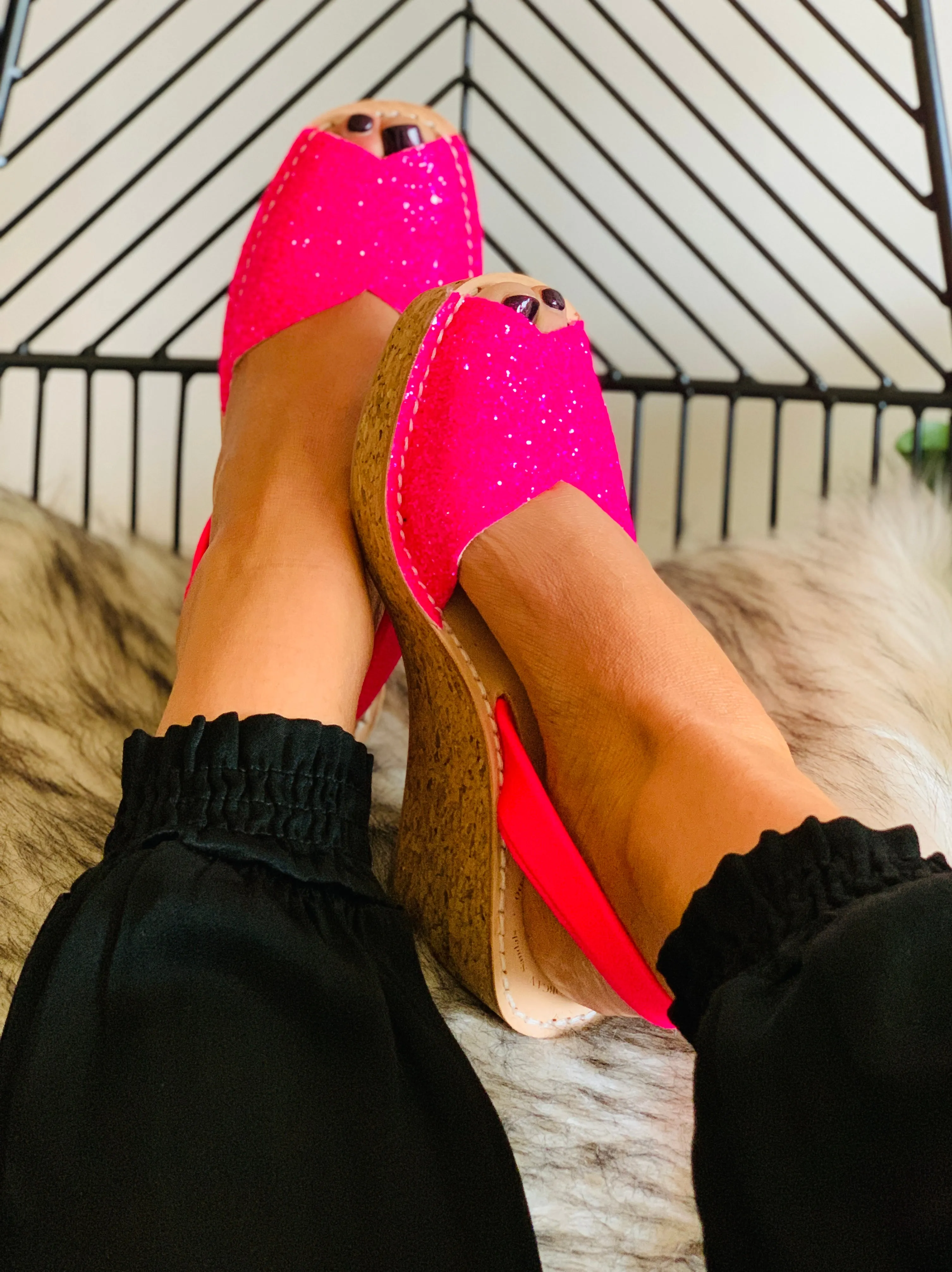 Barbie Pink Glitter Cork Wedge