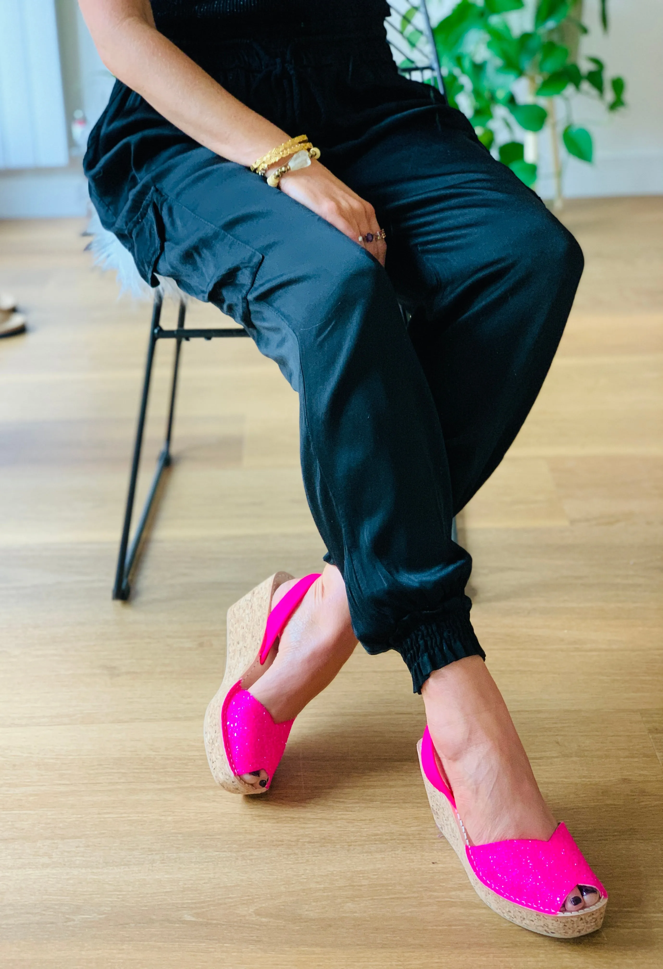 Barbie Pink Glitter Cork Wedge