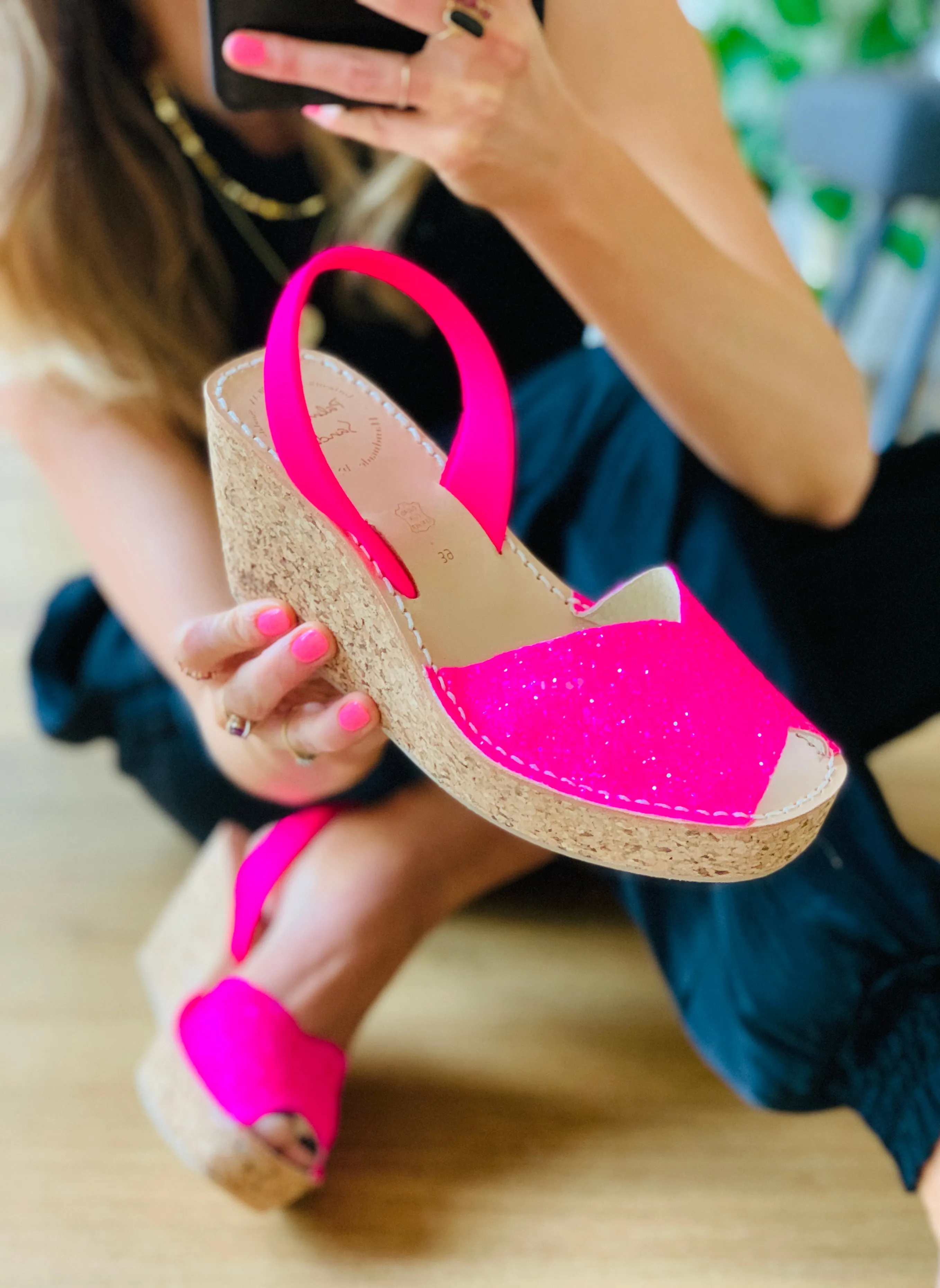 Barbie Pink Glitter Cork Wedge