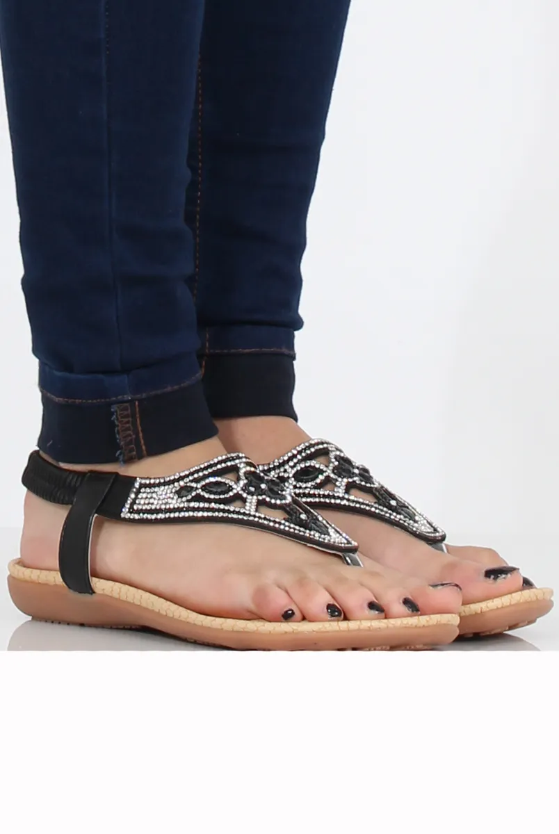 Black Diamante and Jewelled T-bar Sandals - Taliya
