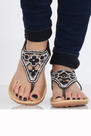 Black Diamante and Jewelled T-bar Sandals - Taliya