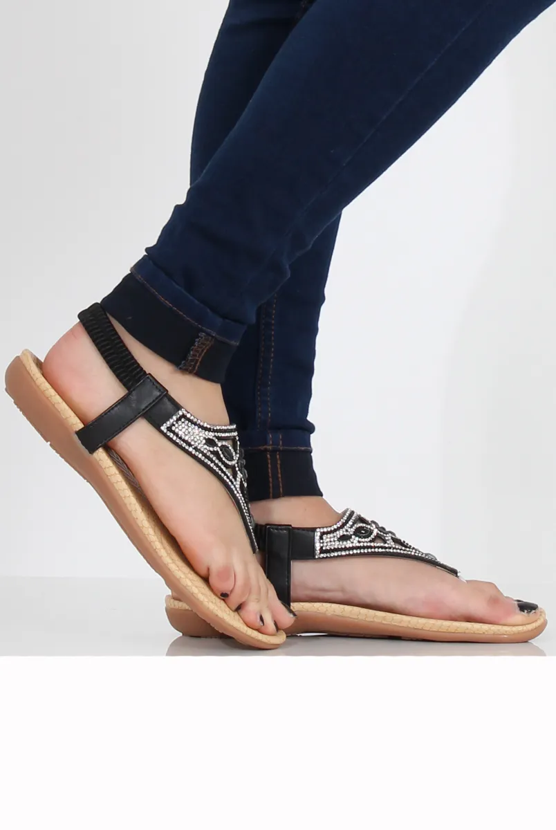 Black Diamante and Jewelled T-bar Sandals - Taliya