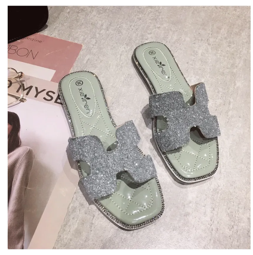 BOOPDO DESIGN DIAMANTE FLAT SANDALS