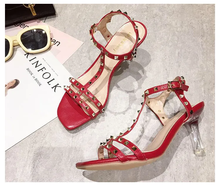 BOOPDO DESIGN STUDDED CLEAR HEELED SANDALS