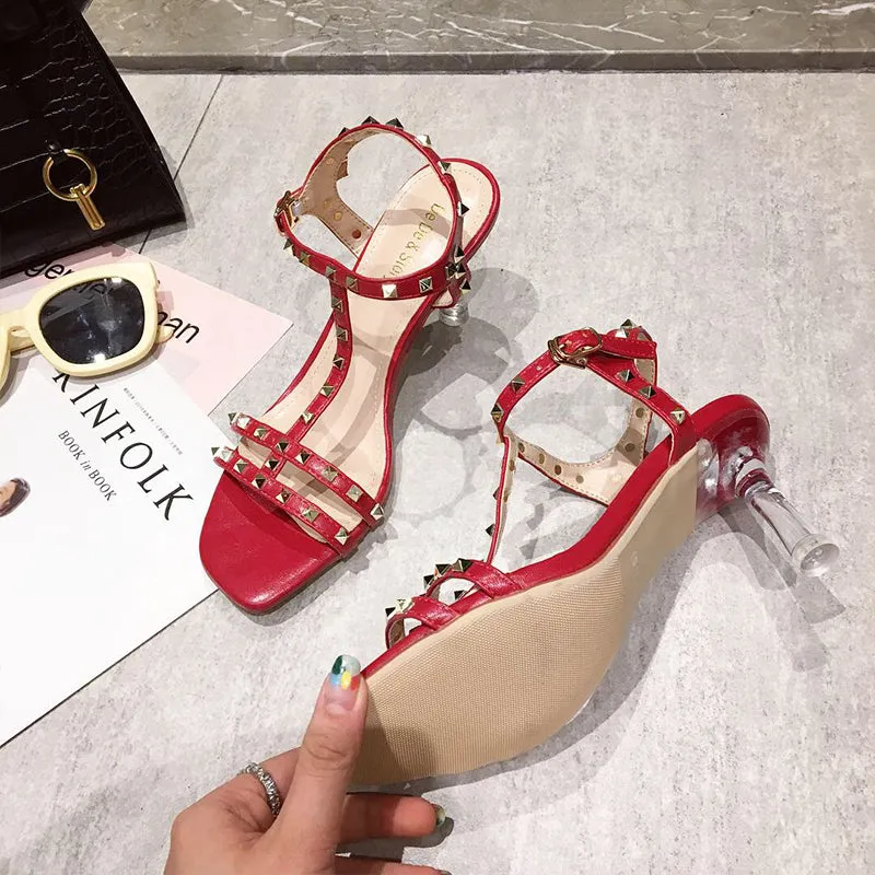 BOOPDO DESIGN STUDDED CLEAR HEELED SANDALS