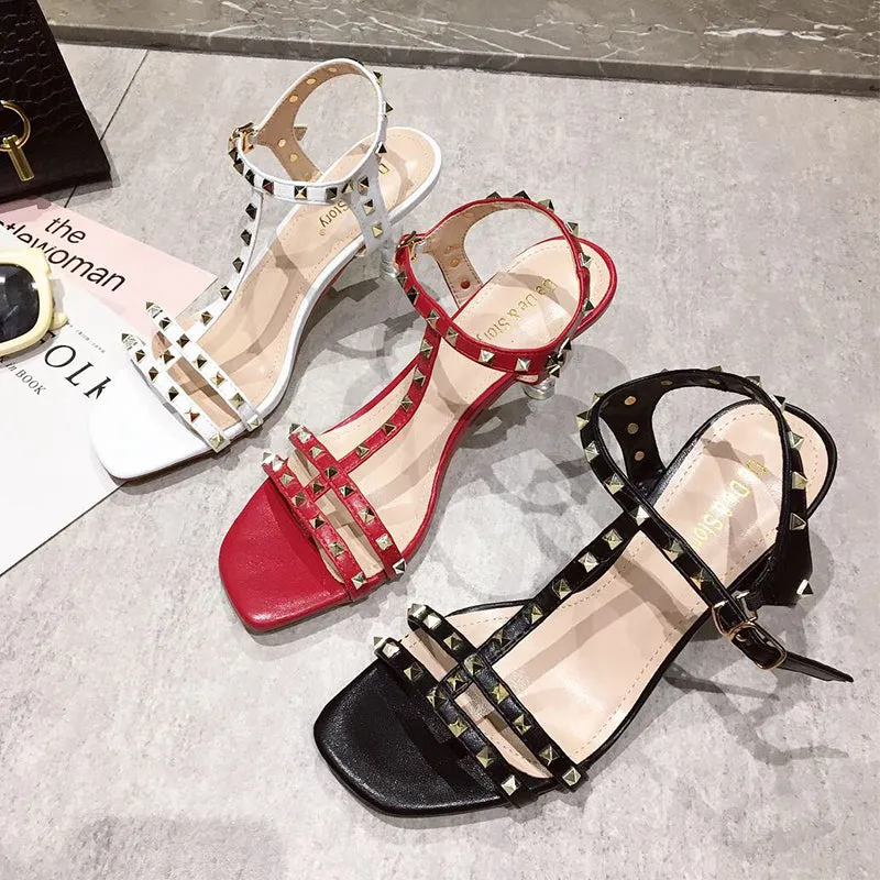 BOOPDO DESIGN STUDDED CLEAR HEELED SANDALS