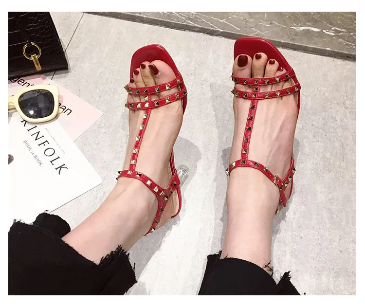 BOOPDO DESIGN STUDDED CLEAR HEELED SANDALS