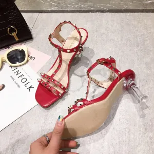 BOOPDO DESIGN STUDDED CLEAR HEELED SANDALS