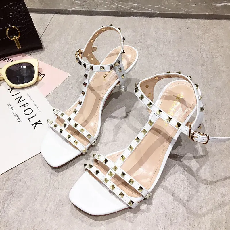 BOOPDO DESIGN STUDDED CLEAR HEELED SANDALS
