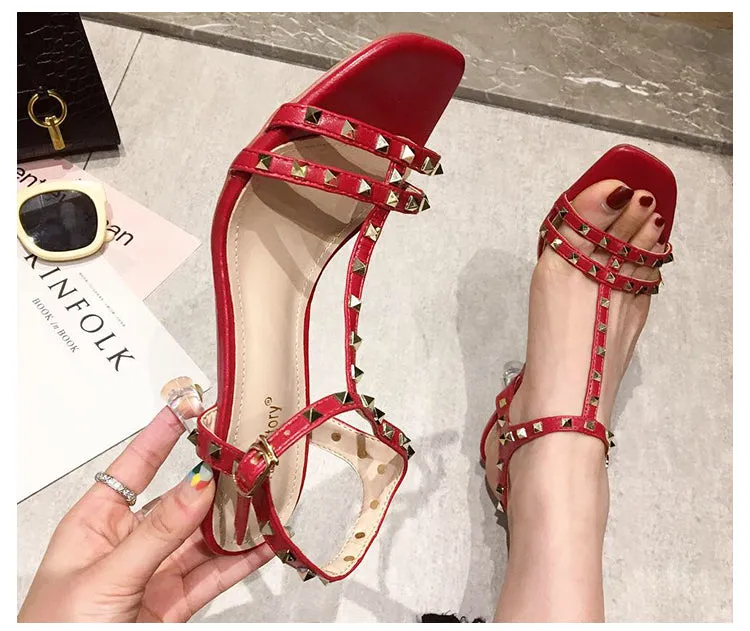 BOOPDO DESIGN STUDDED CLEAR HEELED SANDALS