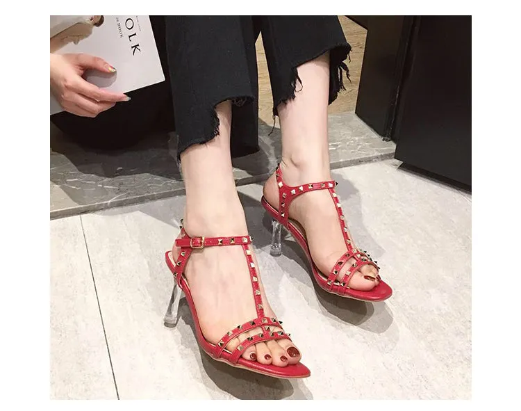 BOOPDO DESIGN STUDDED CLEAR HEELED SANDALS