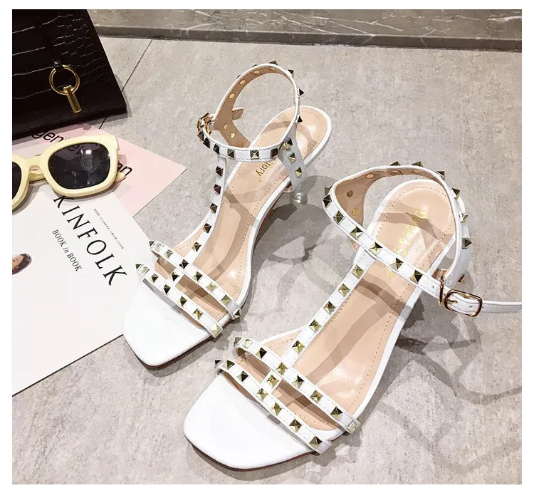 BOOPDO DESIGN STUDDED CLEAR HEELED SANDALS