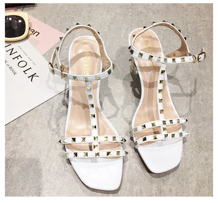 BOOPDO DESIGN STUDDED CLEAR HEELED SANDALS