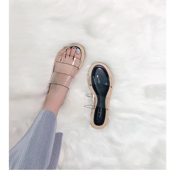 BOOPDO DESIGN TWO CLEAR STRAP FLAT SANDALS
