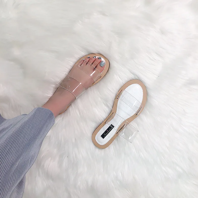 BOOPDO DESIGN TWO CLEAR STRAP FLAT SANDALS