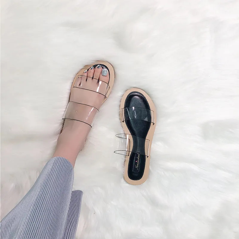 BOOPDO DESIGN TWO CLEAR STRAP FLAT SANDALS