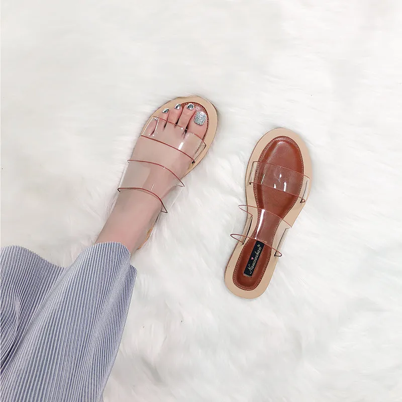 BOOPDO DESIGN TWO CLEAR STRAP FLAT SANDALS