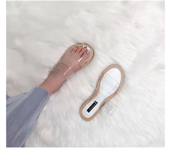 BOOPDO DESIGN TWO CLEAR STRAP FLAT SANDALS
