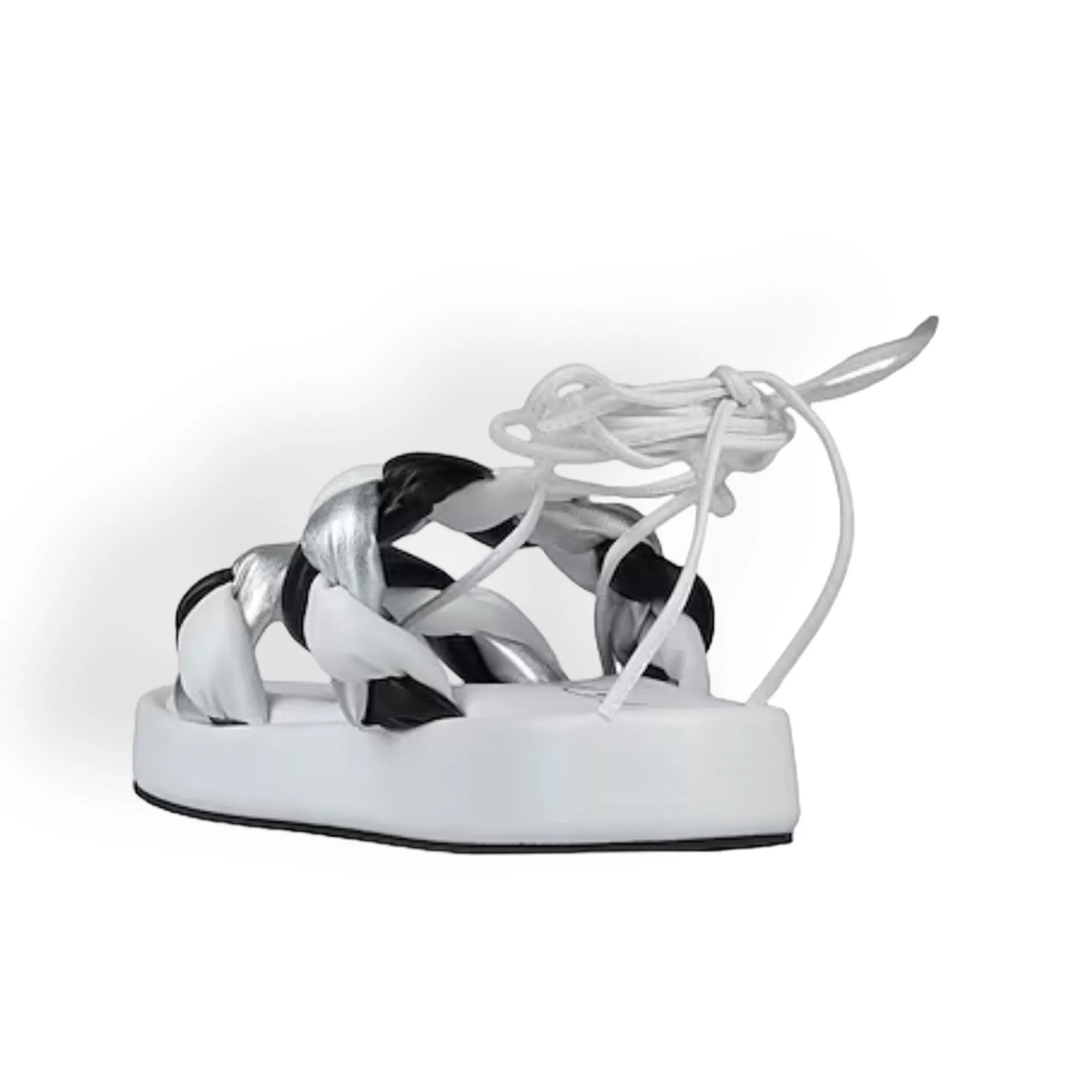 Braided White Silver Black Ankle Wrap Sandals