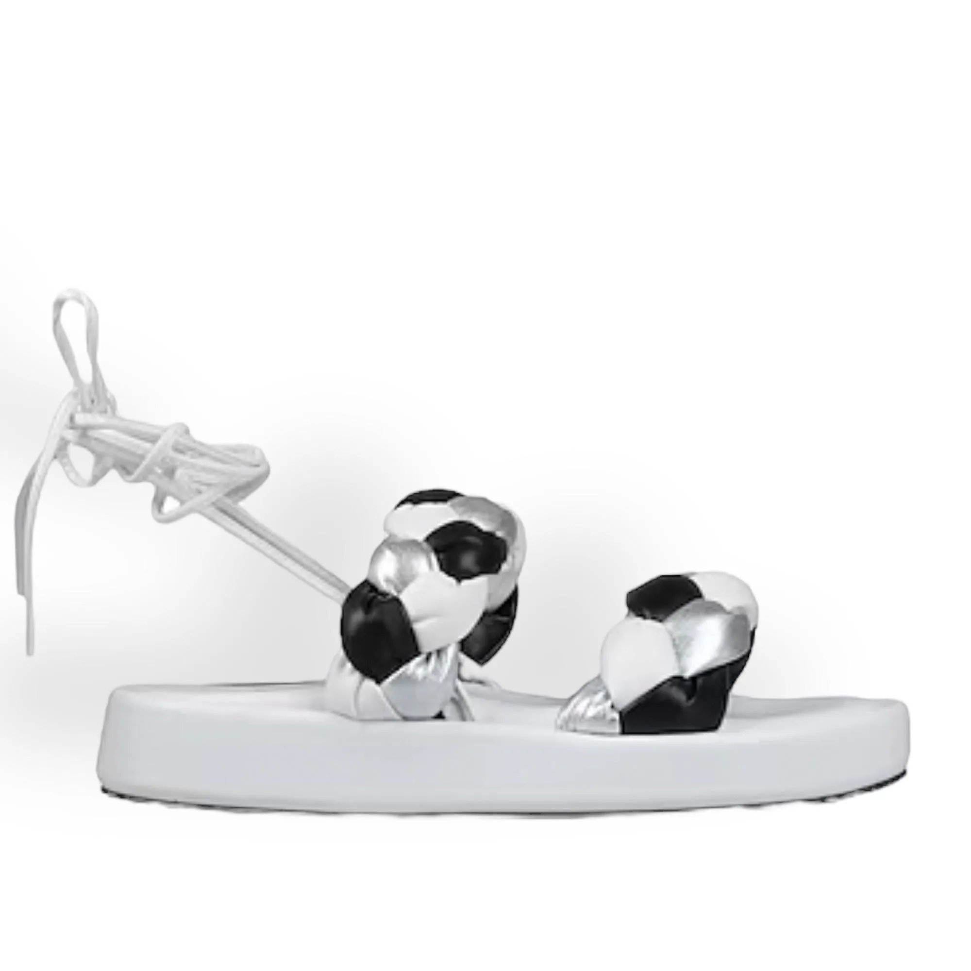 Braided White Silver Black Ankle Wrap Sandals
