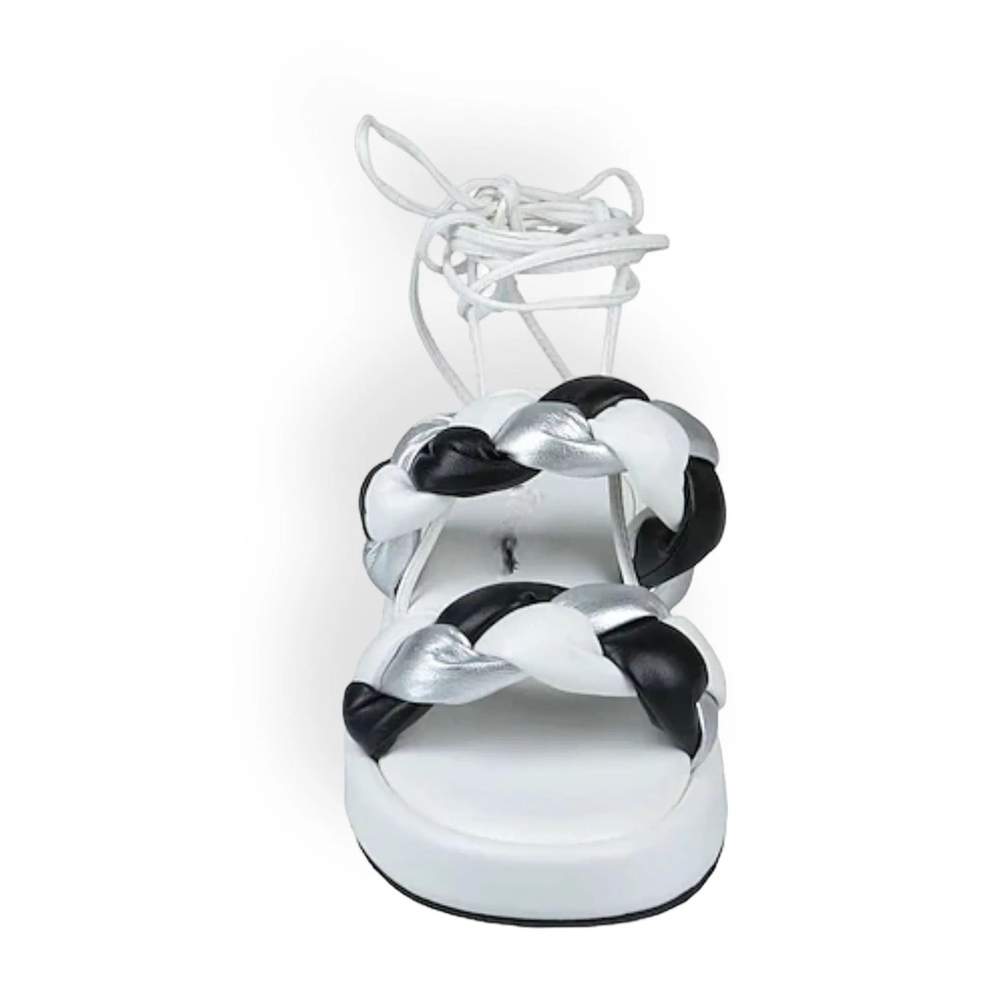 Braided White Silver Black Ankle Wrap Sandals