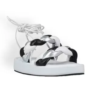 Braided White Silver Black Ankle Wrap Sandals