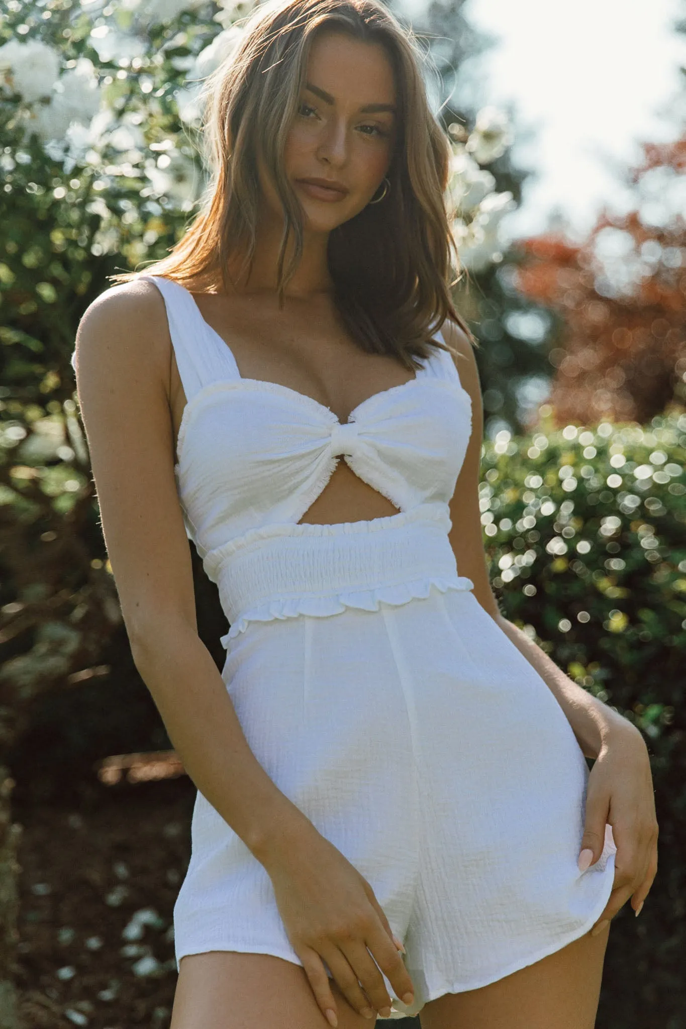 Break Of Dawn Bow Shoulder Shirred Waist Romper White