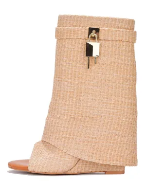 Cape Robbin Betterworld Nude Wedge Heel Rounded Open Toe Lock Accent Ankle Boots