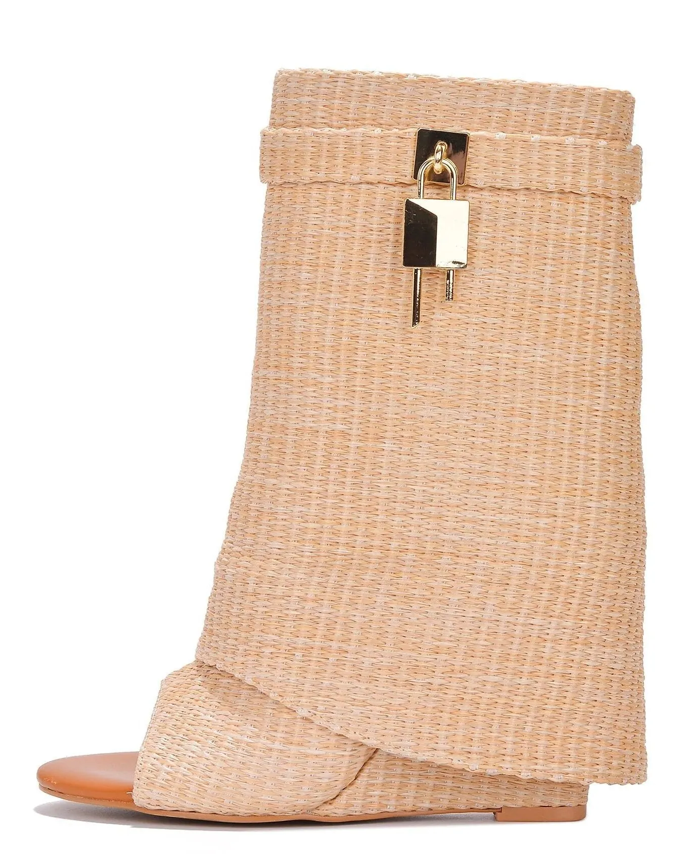 Cape Robbin Betterworld Nude Wedge Heel Rounded Open Toe Lock Accent Ankle Boots