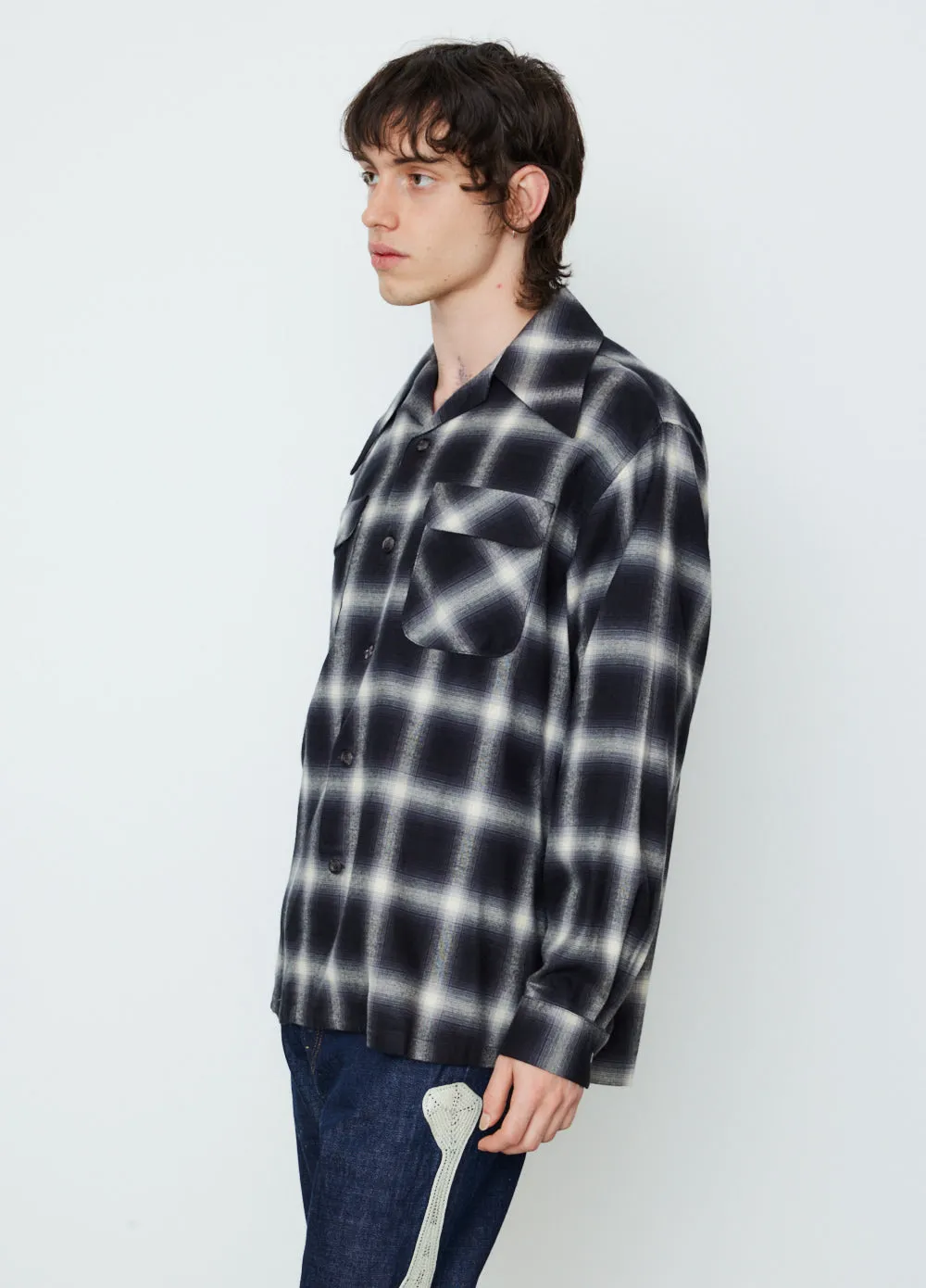 Cotton Rayon Shadow Check Large Pointed Collar Board Shirt