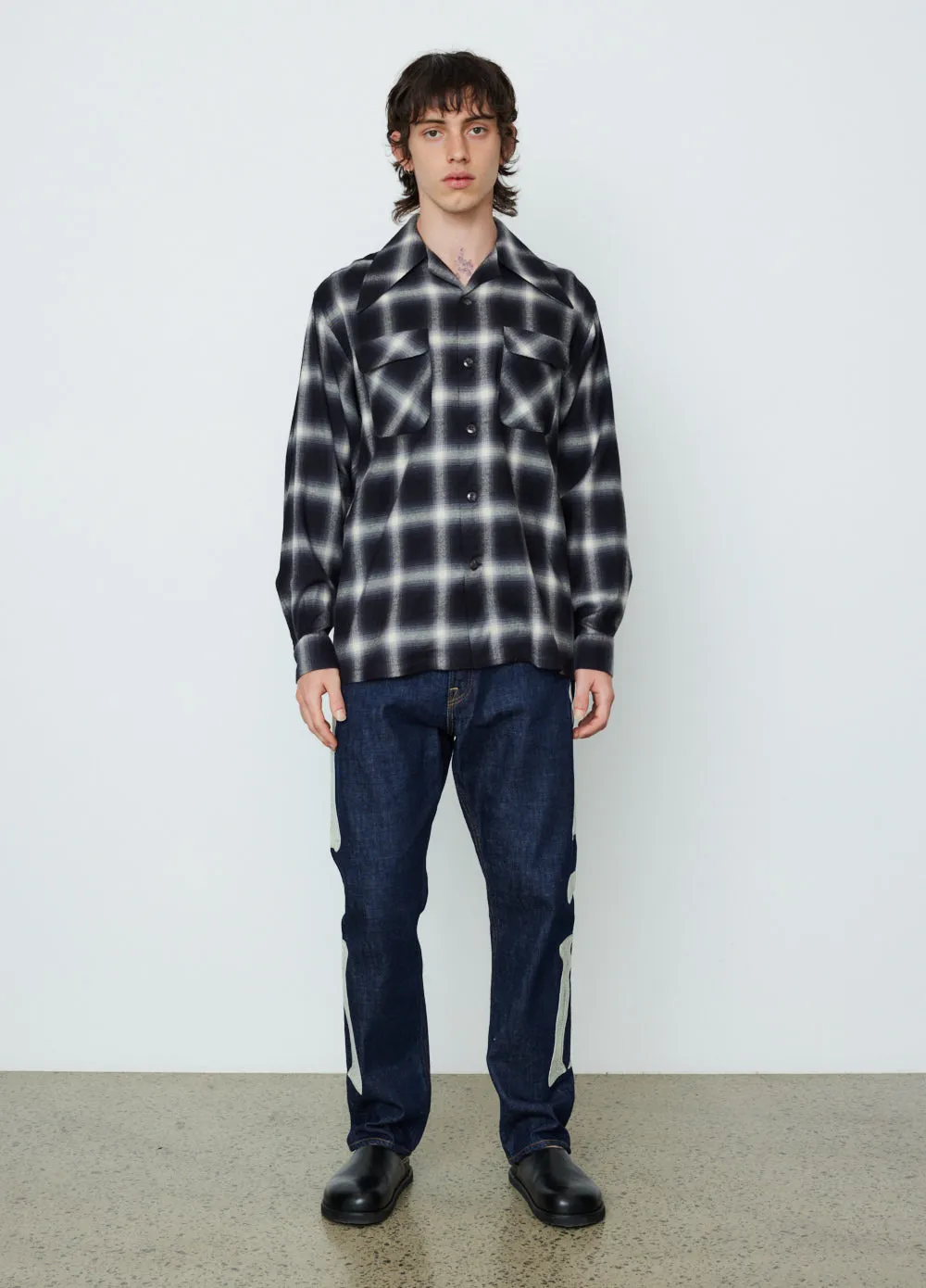 Cotton Rayon Shadow Check Large Pointed Collar Board Shirt