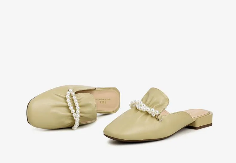 Cow Leather Square Head Pearl Decoration Women's Slippers Casual Mules