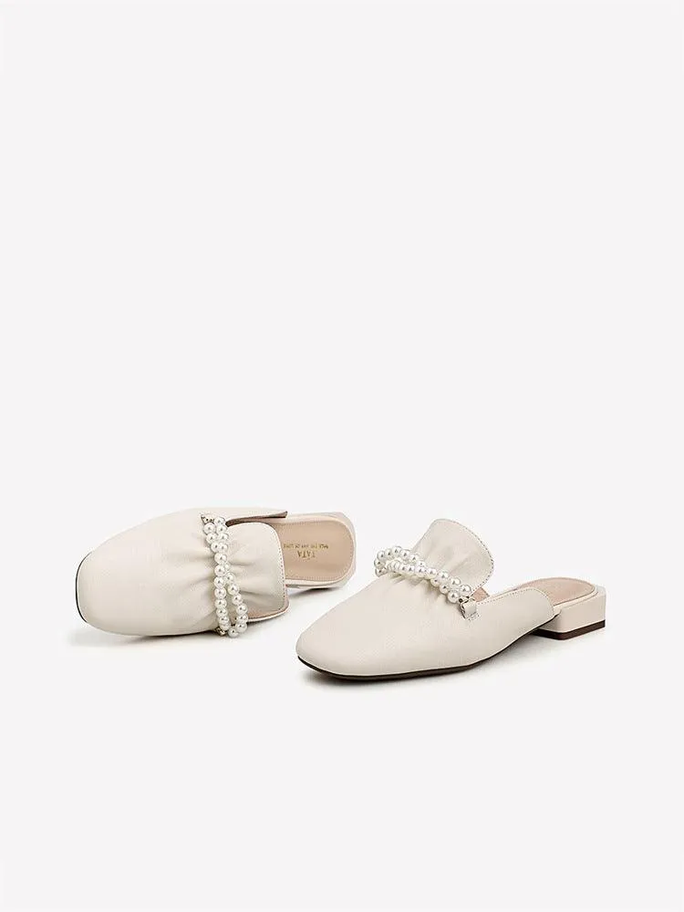 Cow Leather Square Head Pearl Decoration Women's Slippers Casual Mules