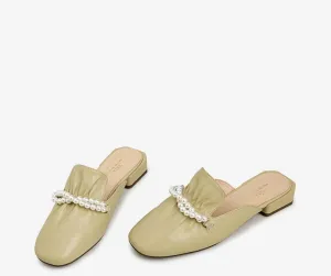 Cow Leather Square Head Pearl Decoration Women's Slippers Casual Mules