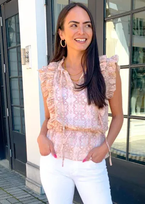 Elan Chania Aztec Pepulm Ruffle Top - Pink