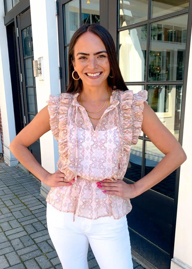 Elan Chania Aztec Pepulm Ruffle Top - Pink