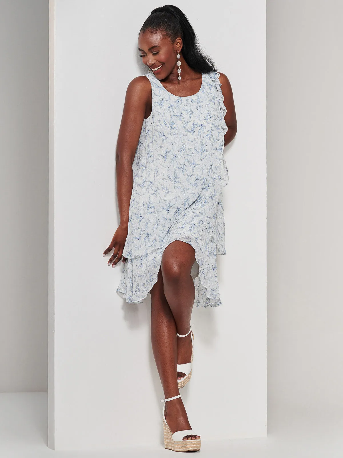 Frill Chiffon Mini Swing Dress, White Floral