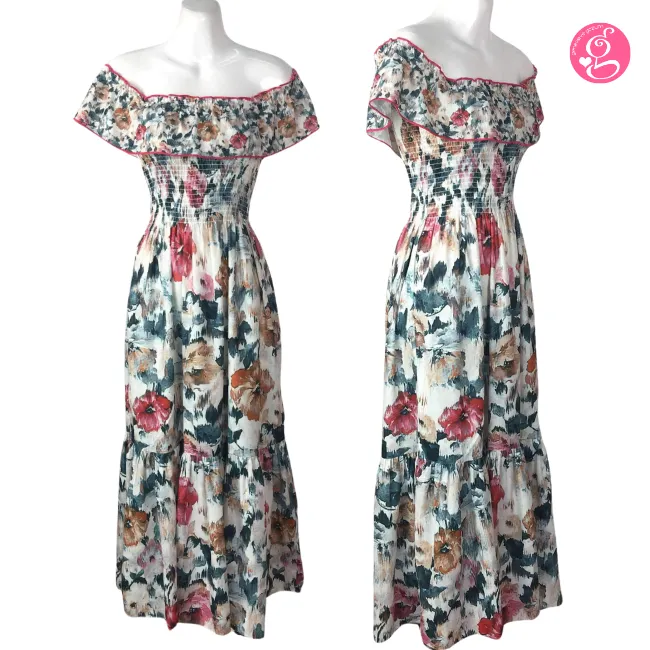Giselle Maxi Dress in Green & Red Floral Print