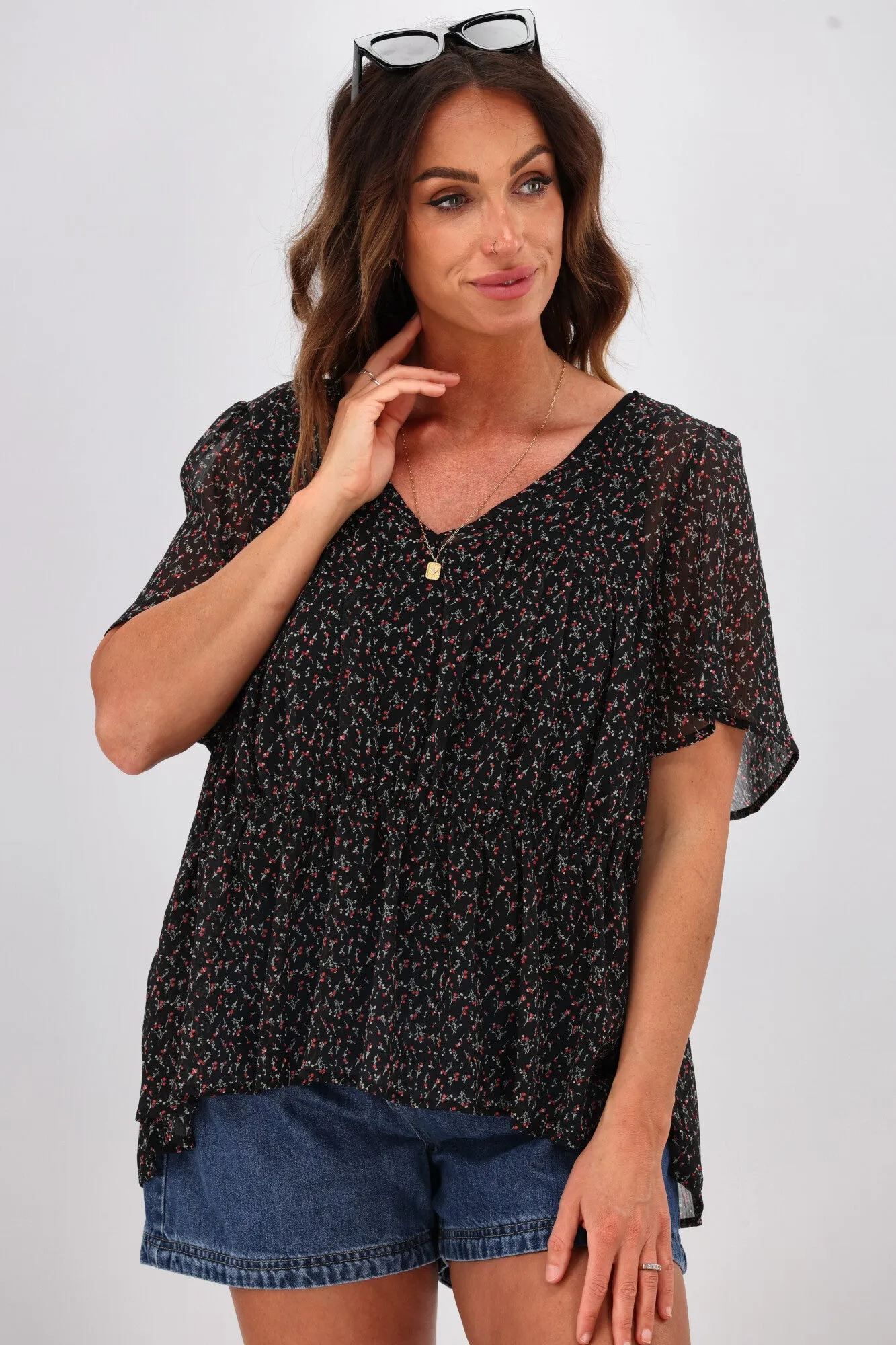 Gloss by Shine On Sade Two Tier Blouse Rosebud Ditsy
