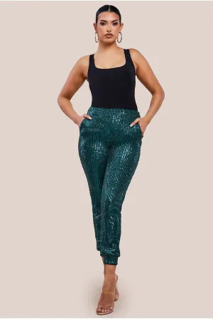 Goddiva Sequin Cuffed Ankle Trouser - Emerald