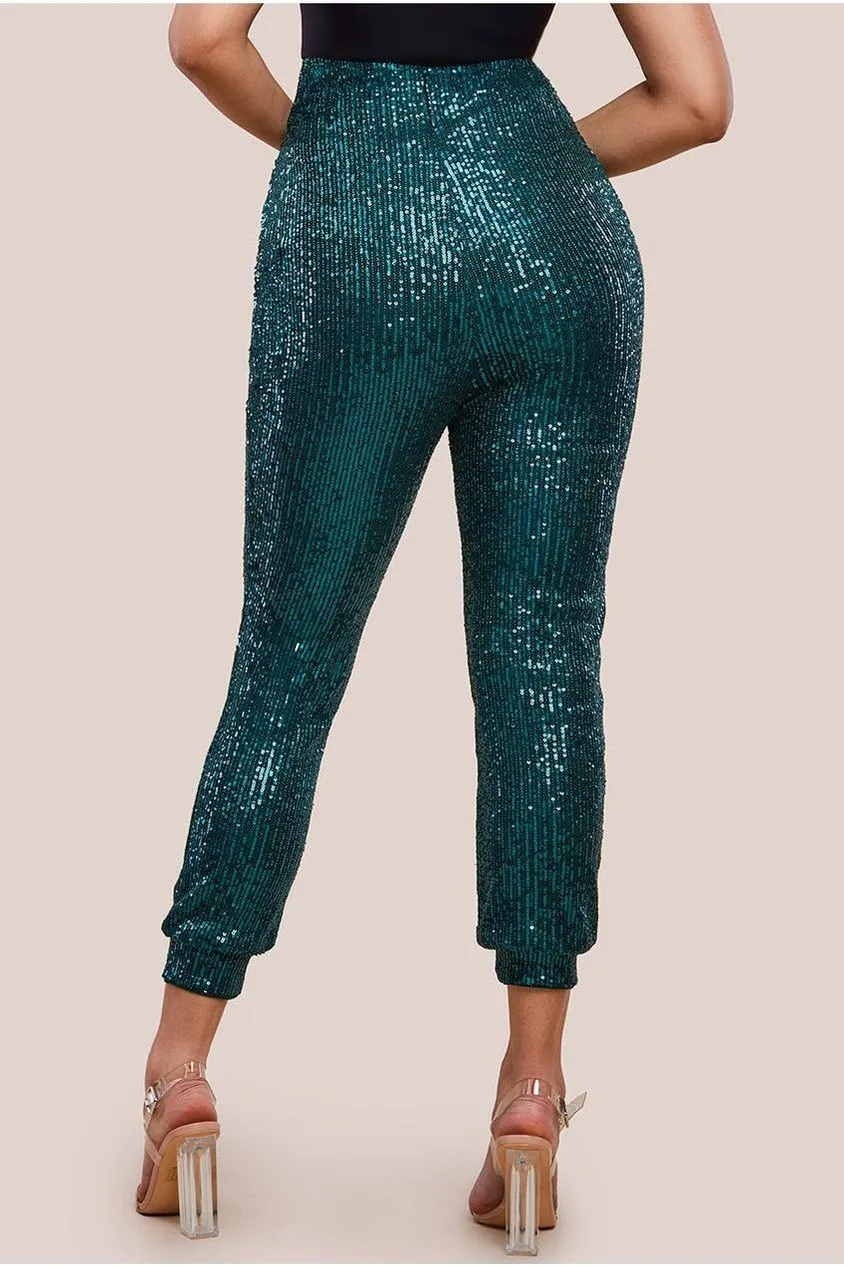 Goddiva Sequin Cuffed Ankle Trouser - Emerald
