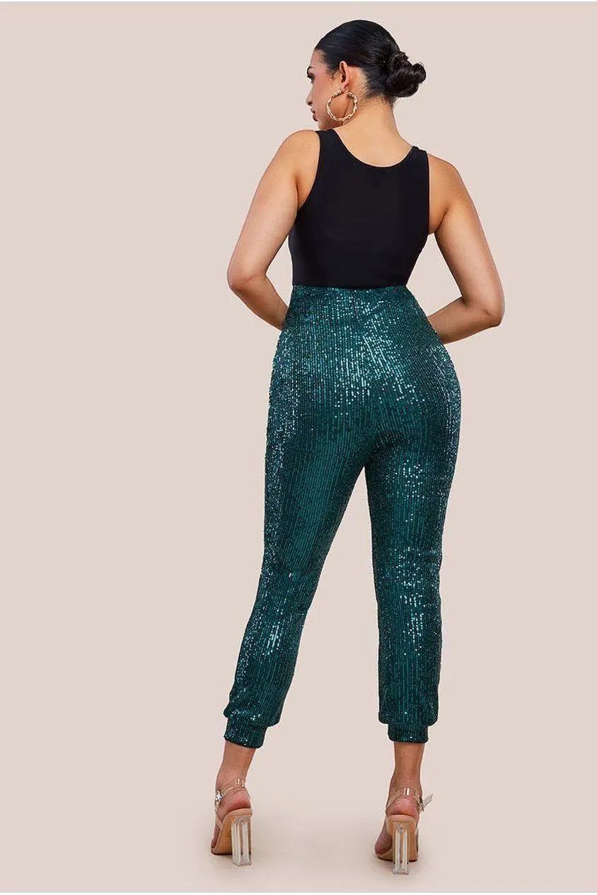 Goddiva Sequin Cuffed Ankle Trouser - Emerald
