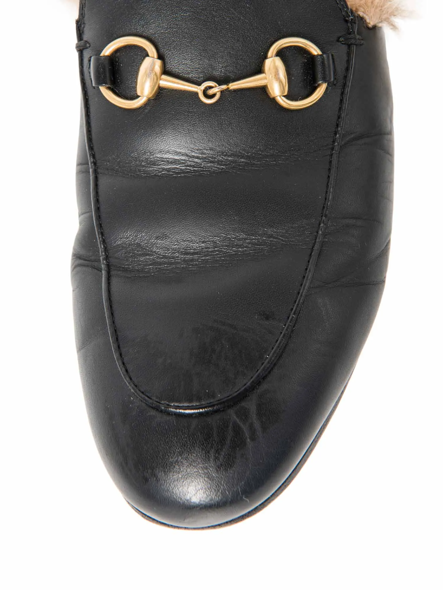Gucci Leather Horsebit Fur Lined Loafers Black Gold