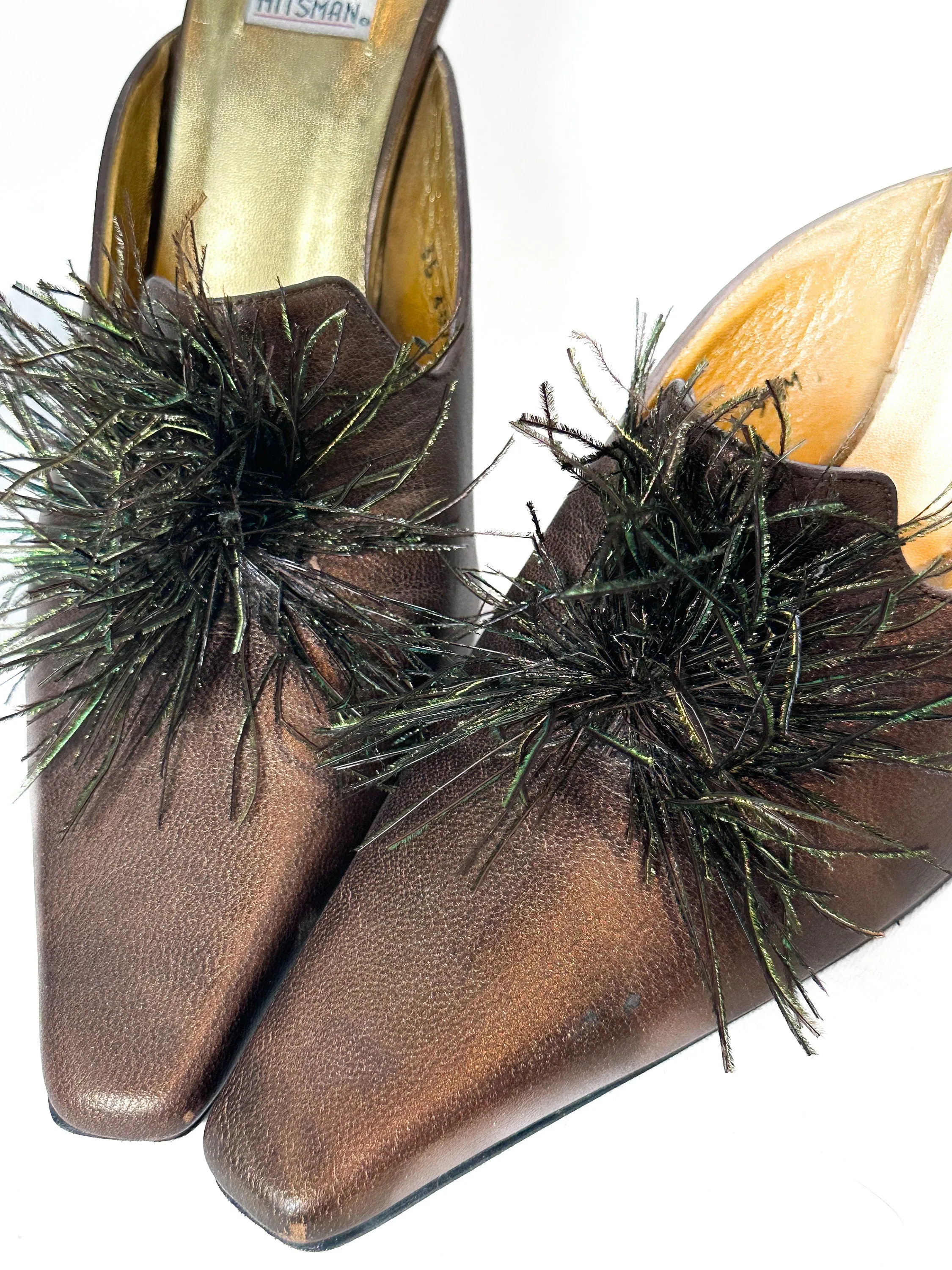 Heels Sz. 8 Vintage 1980s Bronze Leather Gold Slides Mules Feather Pumps Size 8