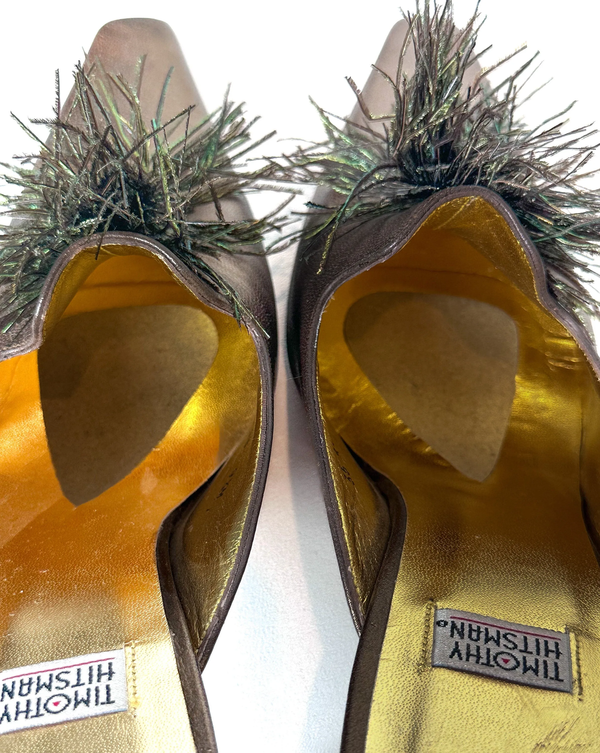 Heels Sz. 8 Vintage 1980s Bronze Leather Gold Slides Mules Feather Pumps Size 8
