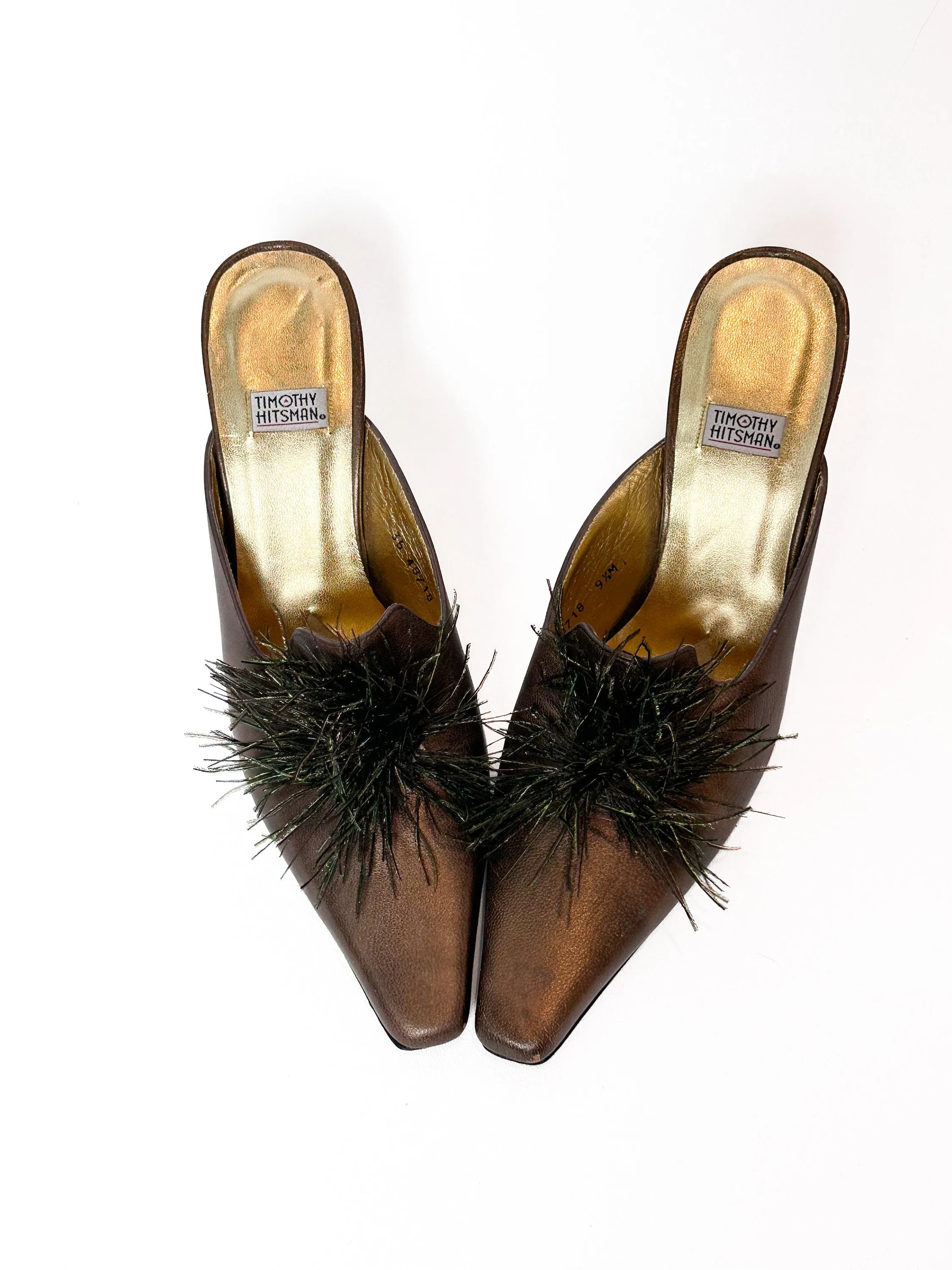 Heels Sz. 8 Vintage 1980s Bronze Leather Gold Slides Mules Feather Pumps Size 8