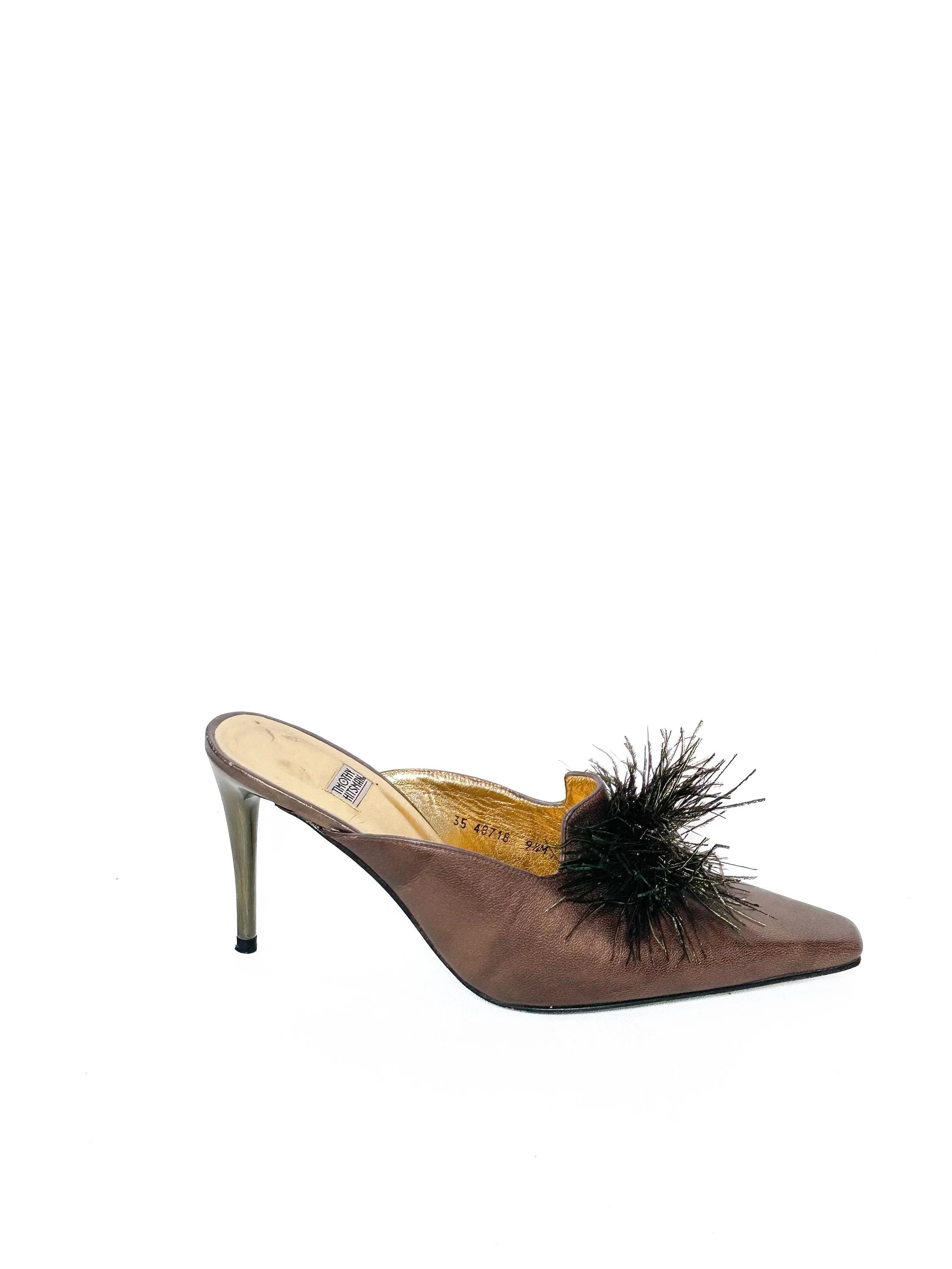 Heels Sz. 8 Vintage 1980s Bronze Leather Gold Slides Mules Feather Pumps Size 8