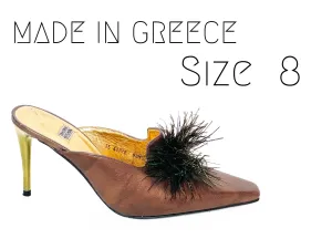 Heels Sz. 8 Vintage 1980s Bronze Leather Gold Slides Mules Feather Pumps Size 8