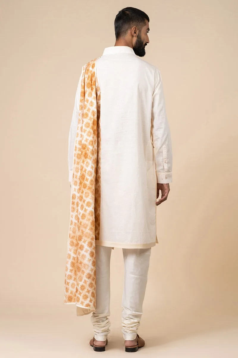 Ivory Drape Kurta Set With Printed Panels